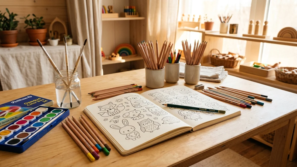Pädagogisches Malatelier mit Buntstiften und Ausmalbildern